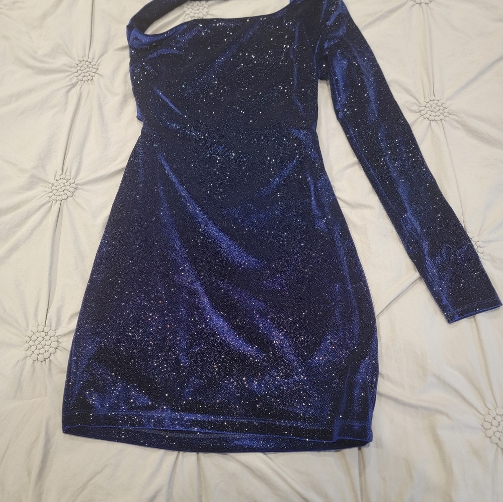 Navy blue sparkle one shoulder Hoco dress